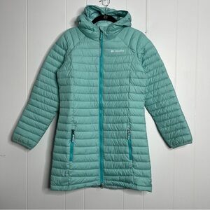 Columbia Girls White Out Mid Omni-Heat Long Hooded Puffer Jacket Teal Size L